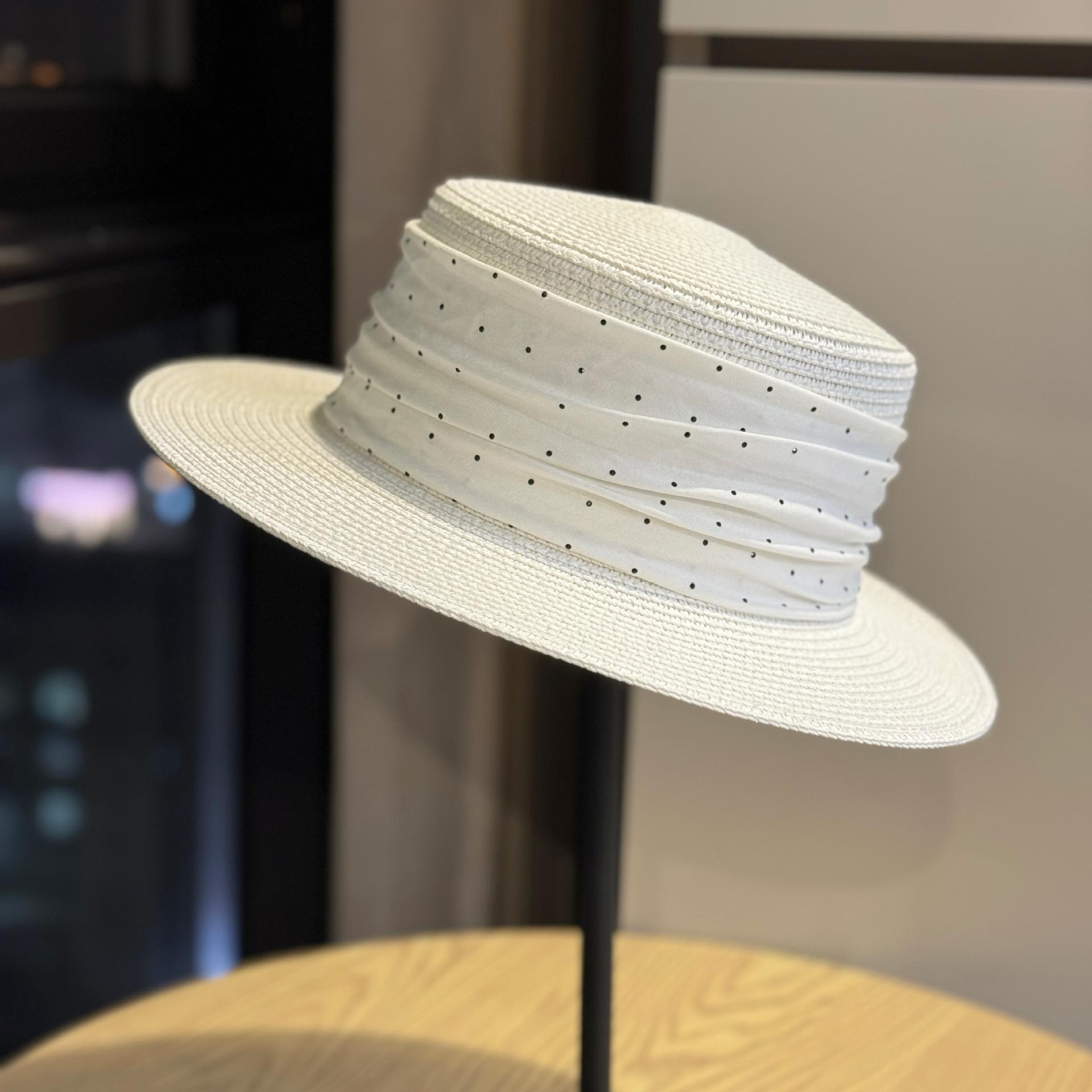 

Summer Sunscreen Elegant French Polka Dot Vacation Top Hat Women Travel Seaside Beach Hat Fashion Flat Top Straw Hat Tide XS（old） белый