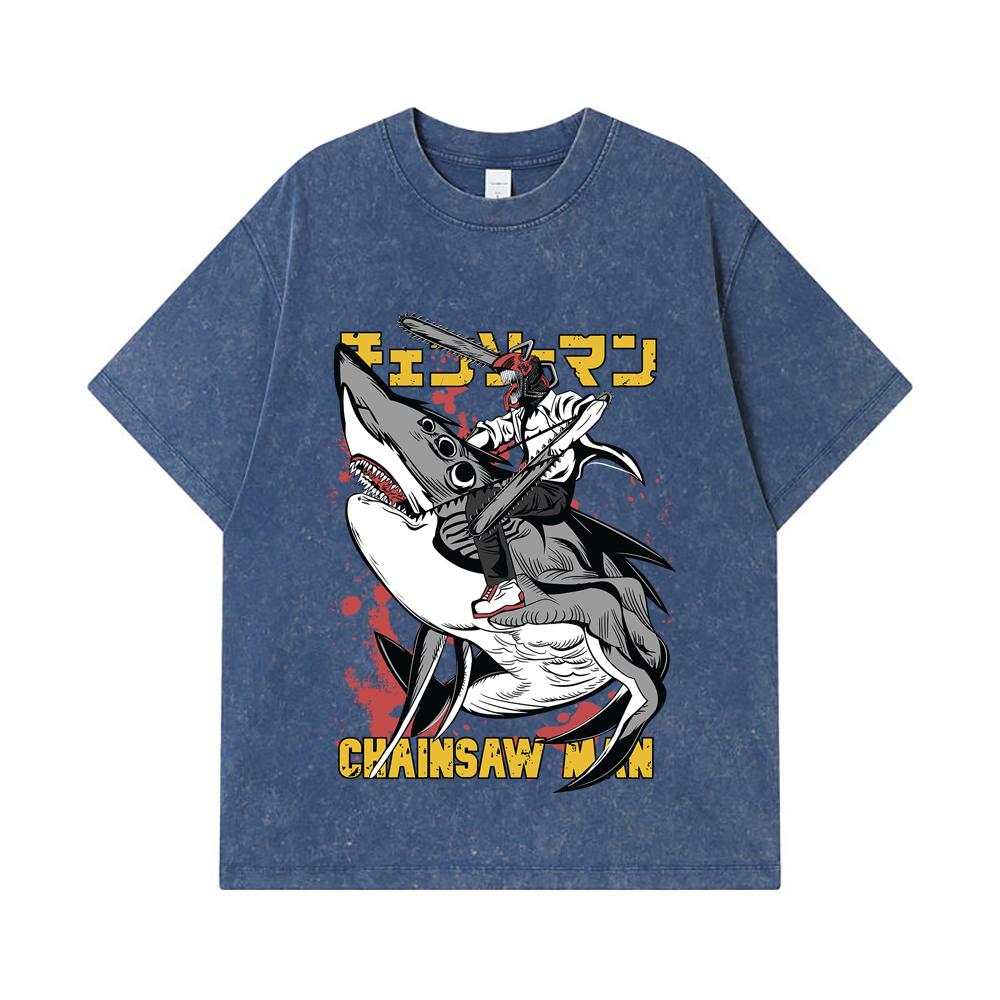 

275 GSM Washed T-shirts 100% Cotton Chainsaw Man V43 Denji Print Unisex Heavy Cotton T Shirt 2XL королівський синій колір