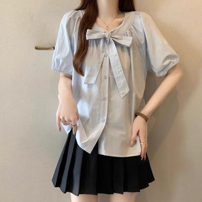 Bow Tie Women's Short Sleeved Shirts Korean Elegant Comfort Ladies Blouse Summer Loose Casual Lady Clothing