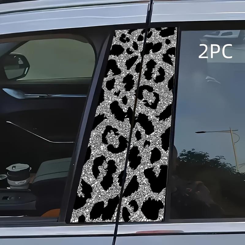 Gray-black Leopard Print 2PC Car B-pillar Protection Sticker Sunscreen Waterproof Scratch-proof Car Decoration Decal One-time