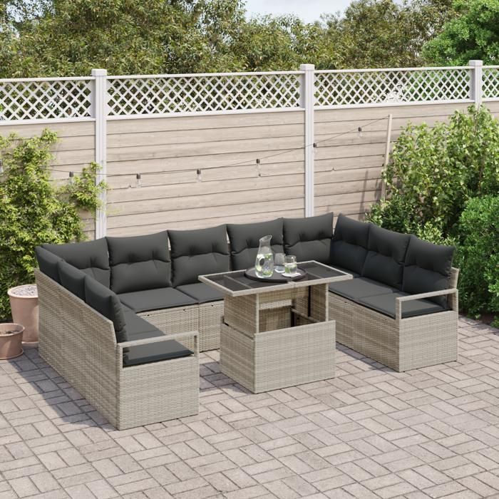 Ensemble de Canapé de Jardin vidaXL 10 Pièces avec Coussins Gris Clair Rattan Poly 3357625