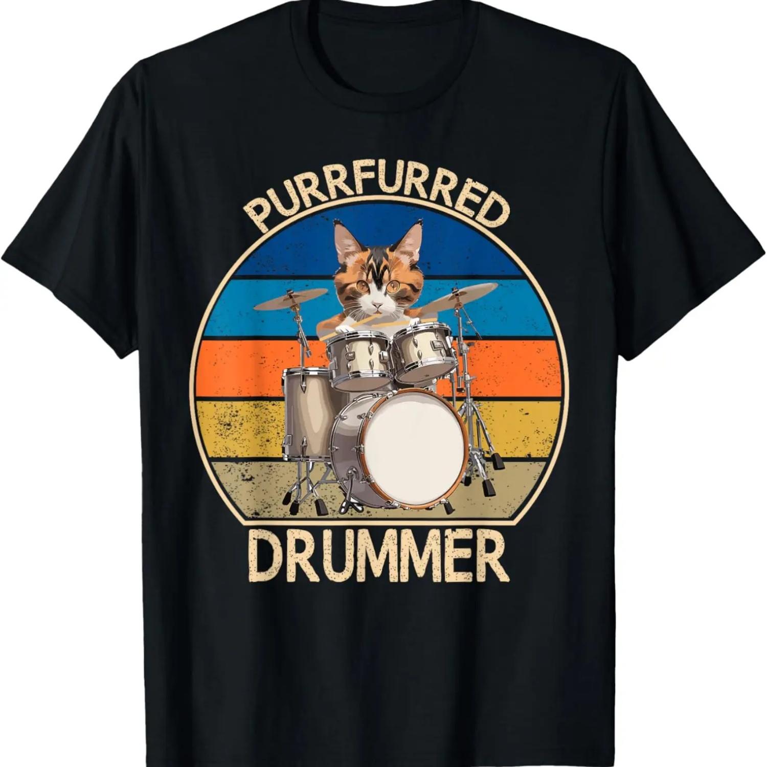 PurrFurred Drummer Funny Cat Playing Drums T-Shirt S