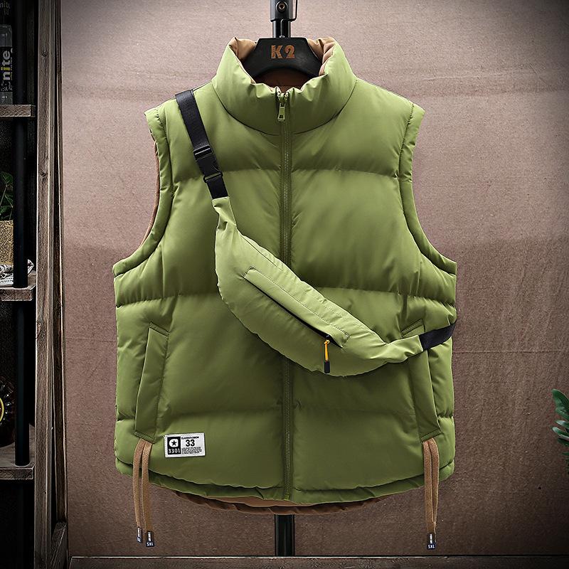 

Double-sided cotton vest couple tide brand sports and leisure oblique span bag stand-up collar vest jacket men s multi-color optional trend 3XL зелений