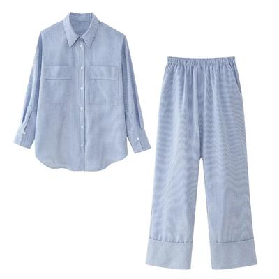 Pijamas Women 2 Pieces Outfits Set Pocket Striped Turn-Down Collar Shirts Tops Loose Pants Homewear Casual Sleepwear Women Pjs