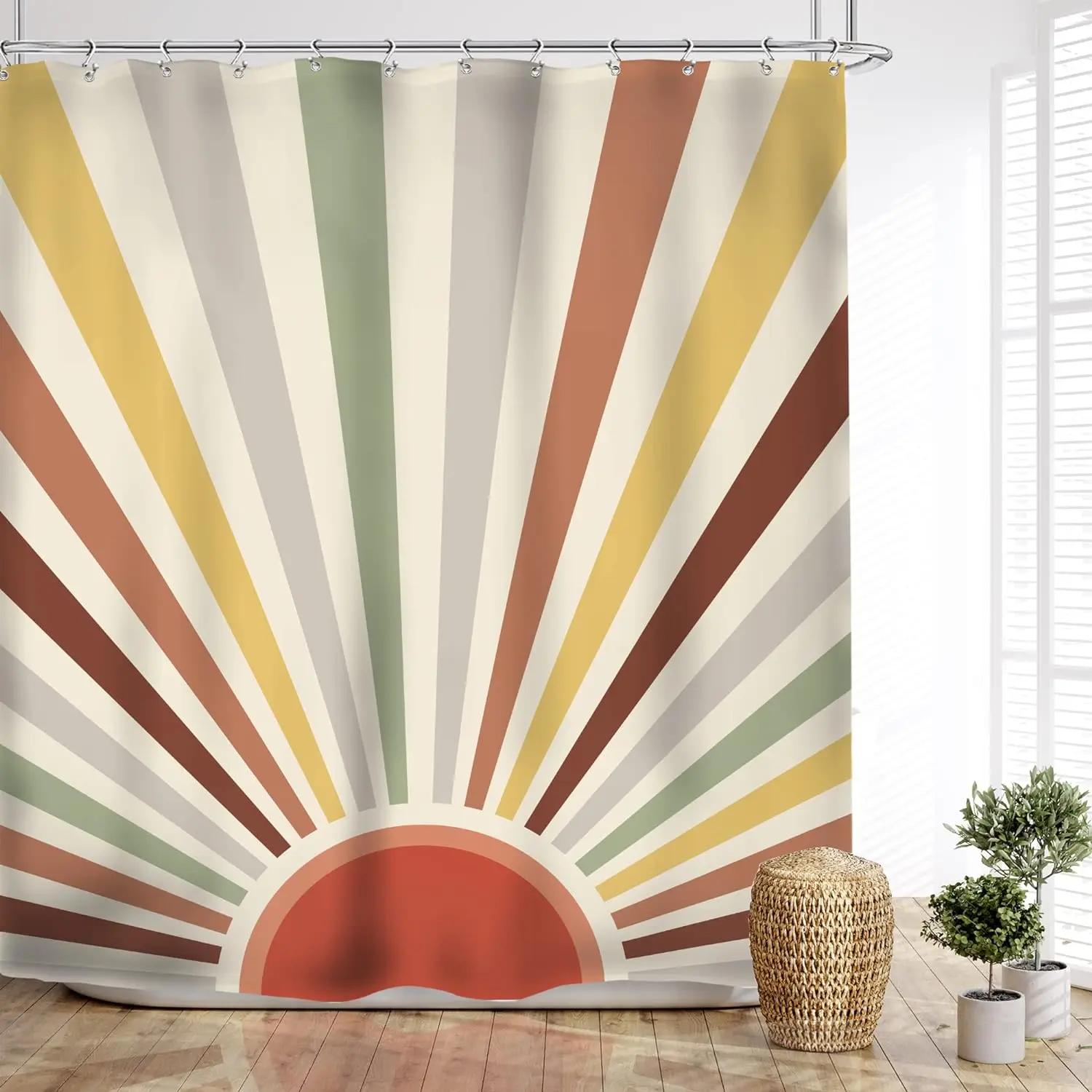 

Bohemian Abstract Minimalist Shower Curtain Sunset Medieval Sun Modern Rustic Geometric Brown Orange Bathroom Decor 90x180cm-35x70in