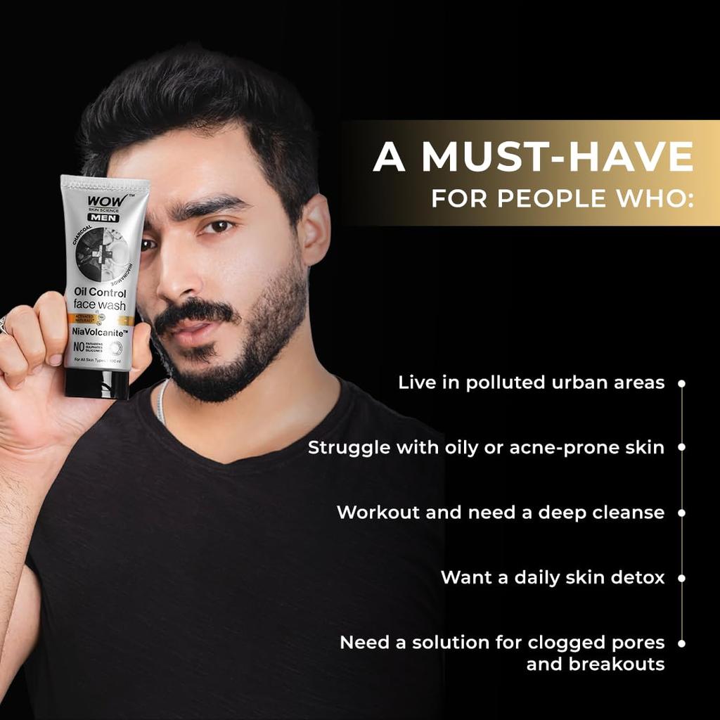 WOW Skin Science Men Charcoal & Niacinamide Oil Control Face Wash, 100 Ml Deep Cleansing for Oily Skin, Mattifying