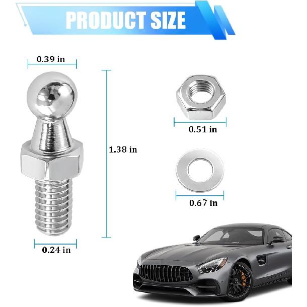 4 Pièces Goujon à Rotule de Voiture 10 mm avec Écrous de Fixation, Goujons pour Ressort à Gaz de Véhicule en Acier au Carbone M6, Extrémités Robustes de Support de Levage à Ressort à Gaz pour Amortisseurs Automobiles