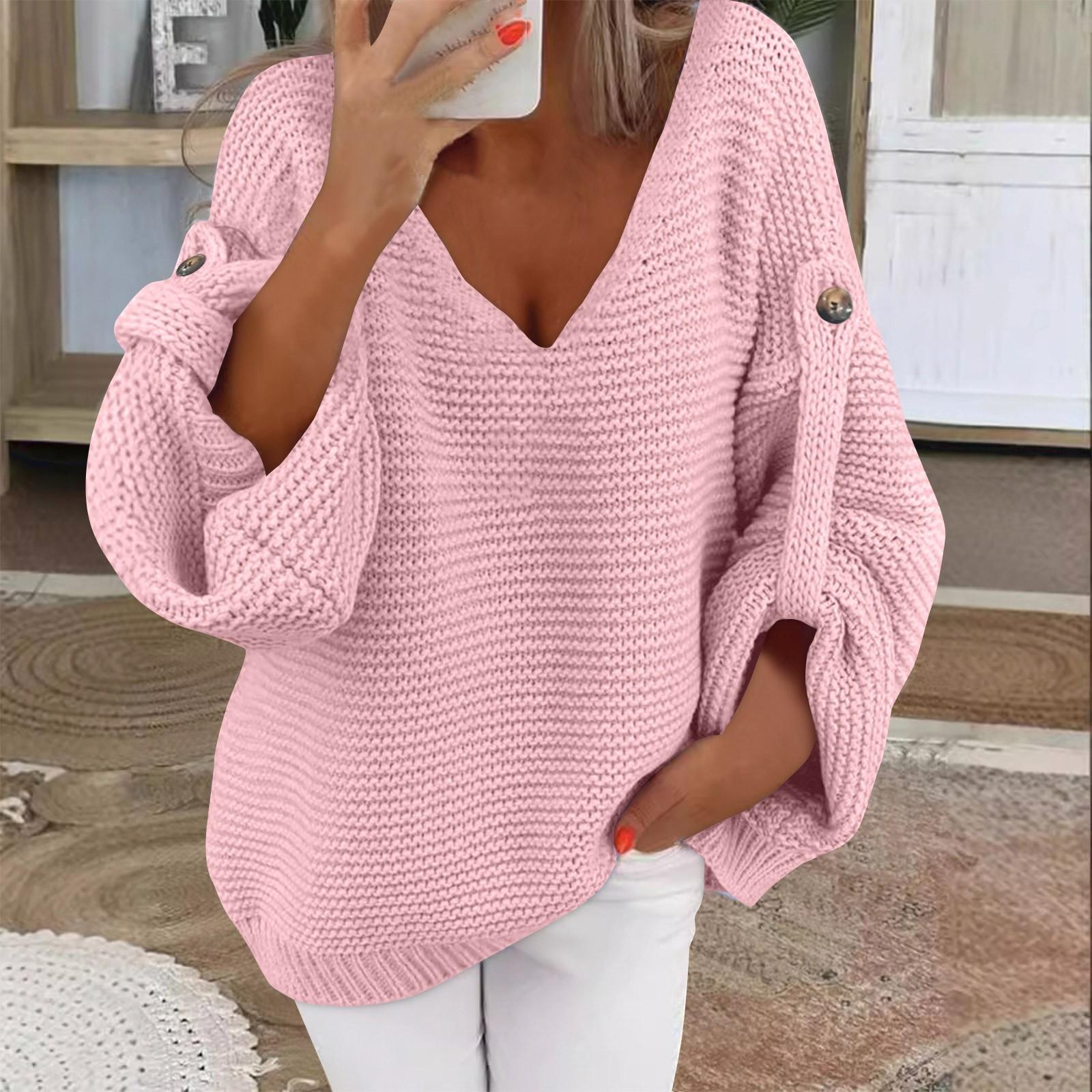 

Жіночий модний повсякденний пуловер з довгим рукавом та зимовий светр з V-подібним вирізом і довгим рукавом XXL рожевий