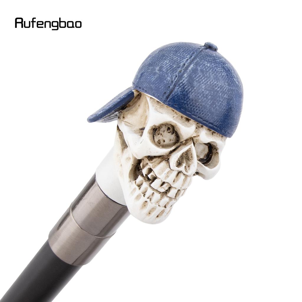 Blue Hat Resin White Skull Head Walking Cane Fashion Decorative Steel Stick Gentleman Elegant Cosplay Cane Knob Crosier 94cm
