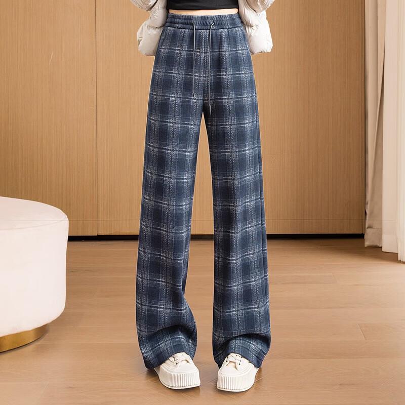 

Women s Winter Plaid Patchwork Wide-Leg Pants S
