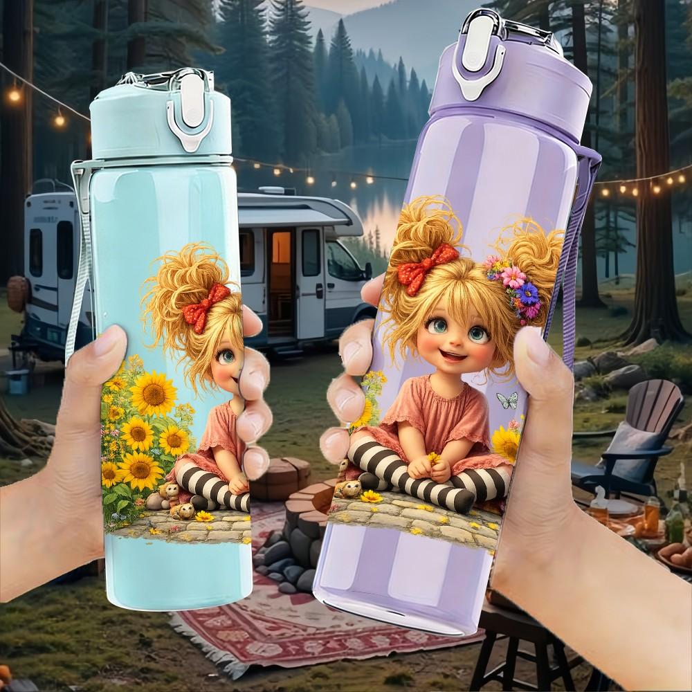 1PC Curly Hair Girl Sunflower Field Print 750ml Color Plastic Sports Water Bottle Leakproof Flip Straw Lid Suitable for Sports Office Home Use