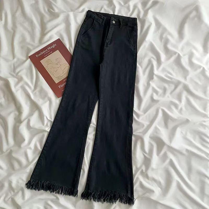 

Petite Black Tassel Bell-Bottom Flare Jeans - Spicy Girl Collection for Spring and Autumn 32