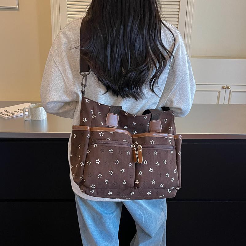 Womens Star Print Canvas Tote Bag Large Capacity Casual Shoulder Handbag Purse
