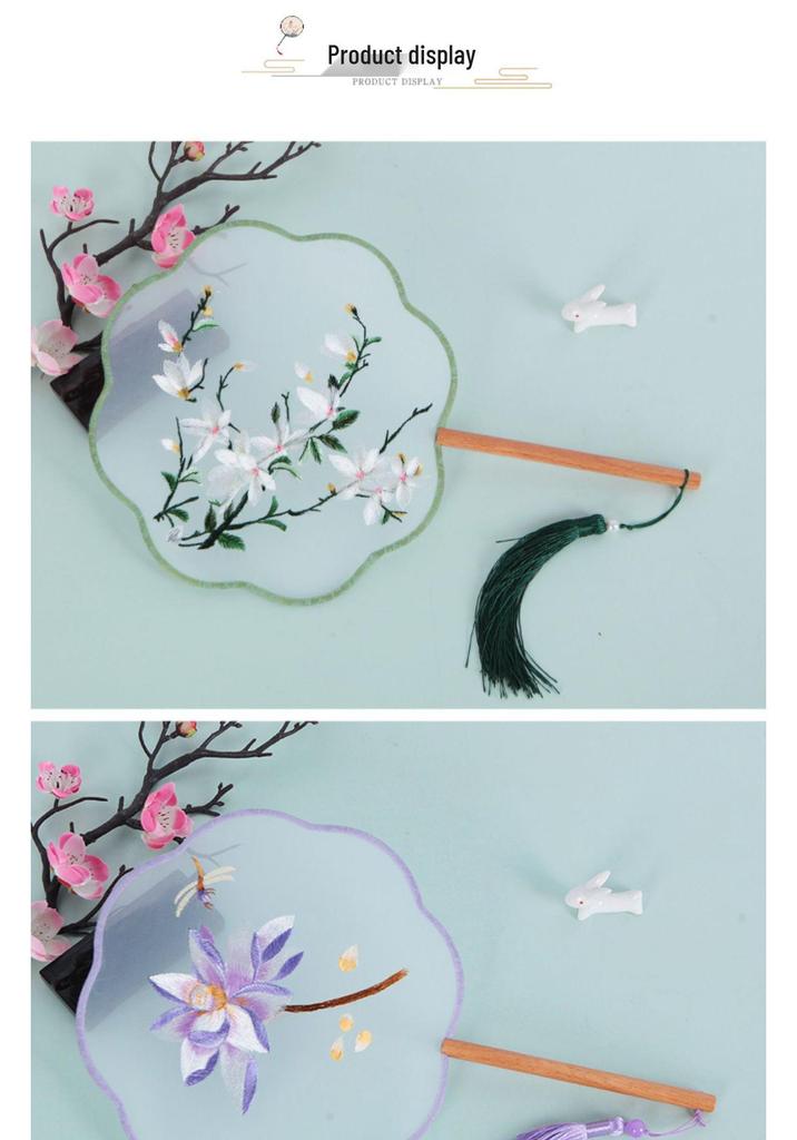 Chinese Embroidered Eight-Petal Round Dance Fan with Tassel - Perfect for Hanfu and Qipao Costumes