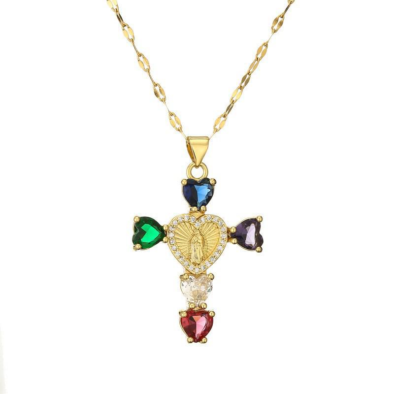 Gold-Plated Multi-Color Zirconia Cross Necklace with Full Diamond Design