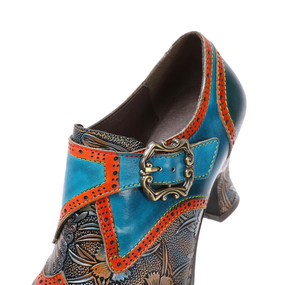 Johnature Damenschuhe, Pumps, High Heels, echtes Leder, spitze Zehen, Retro-Blumenmuster, handgefertigte Damenschuhe