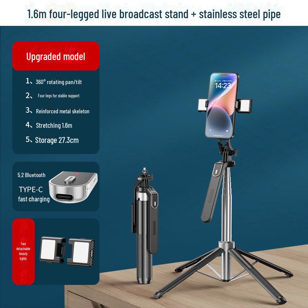 Stabilizzatore portatile P185: Quadripiede con fotocamera mobile in lega di alluminio e bastone per selfie Bluetooth con luce di riempimento