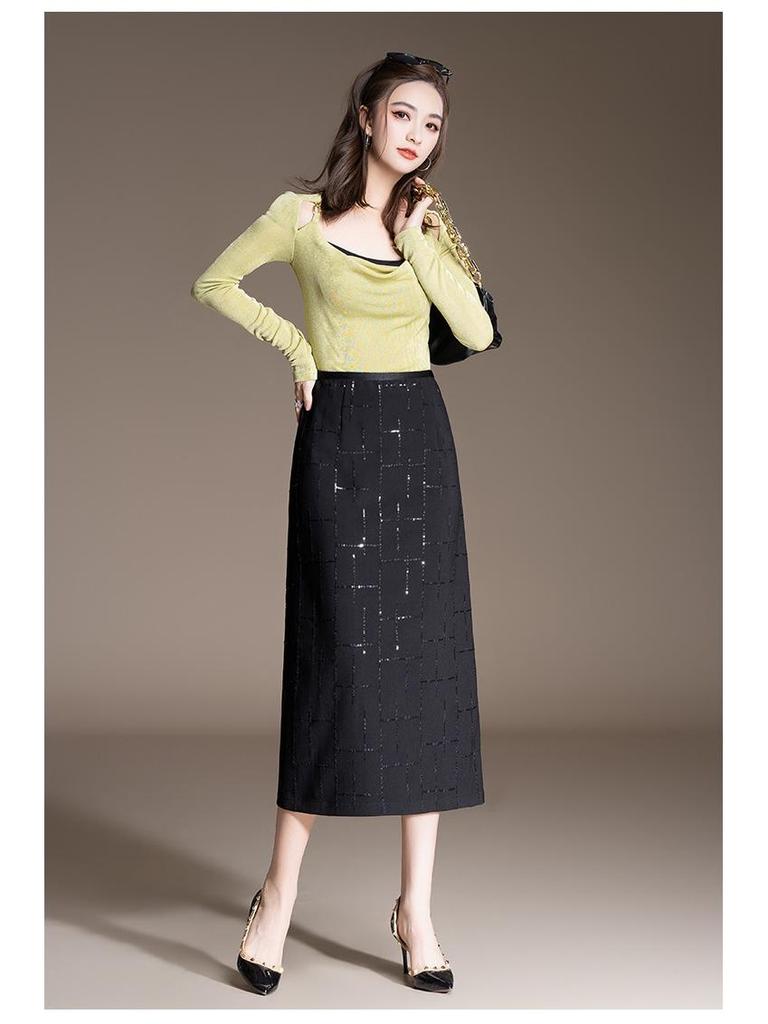 Spring 2026 Black Sequin Slim Bodycon High Waist Midi Pencil Skirt