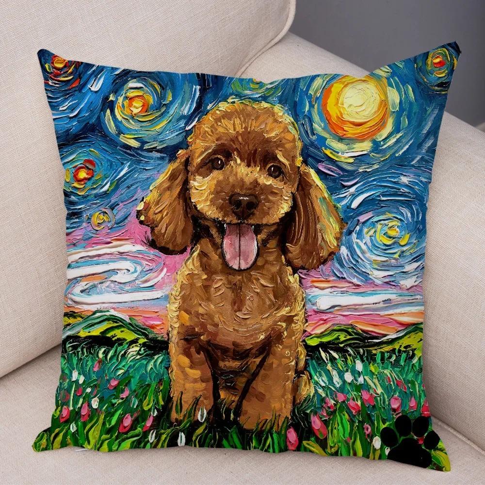 

Красочная масляная живопись Подушка с домашним животным Звездное небо Искусство Мультяшная собака Наволочка Декоративная диванная 45x45cm