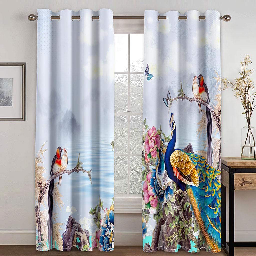 Beautiful Blue Golden Peacock Animal Window Curtains Blinds For Living Room Kids Bedroom Bathroom Kicthen Door Home Decor2Pcs