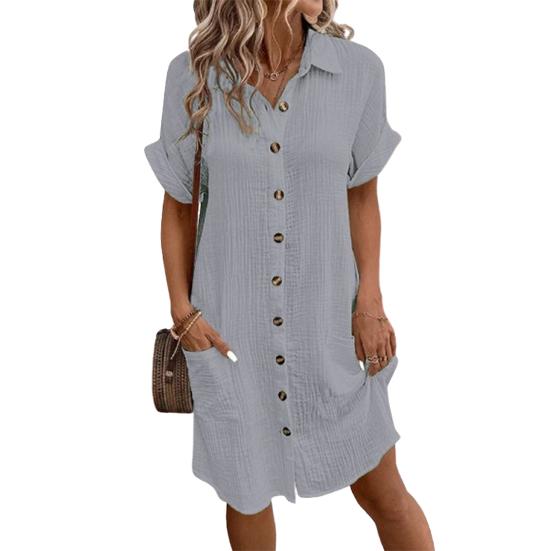 Women's Summer Midi Dress POLO-Neck Short Sleeve Button Knee-Length Dress Loose Shirt Dress