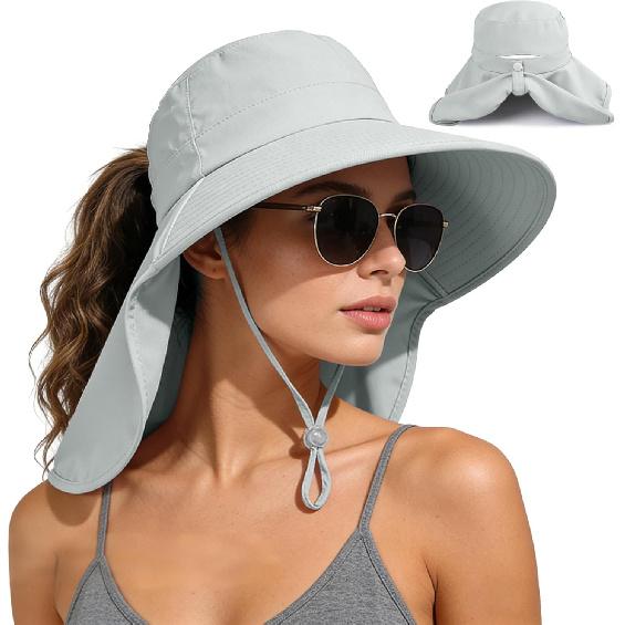 Ruqizhi Sun Hats for Women with Neck Flap Ponytail Hole Women Sun Hats Rollable UV Protection Fishing Hats Wide Brim UPF 50+