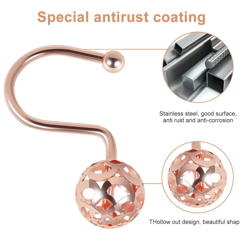 12Pcs Shower Curtain Hooks Metal Anti Rust Hooks Bathroom Accessories Shower Curtain Rings Decorative Hooks for Bathroom Home