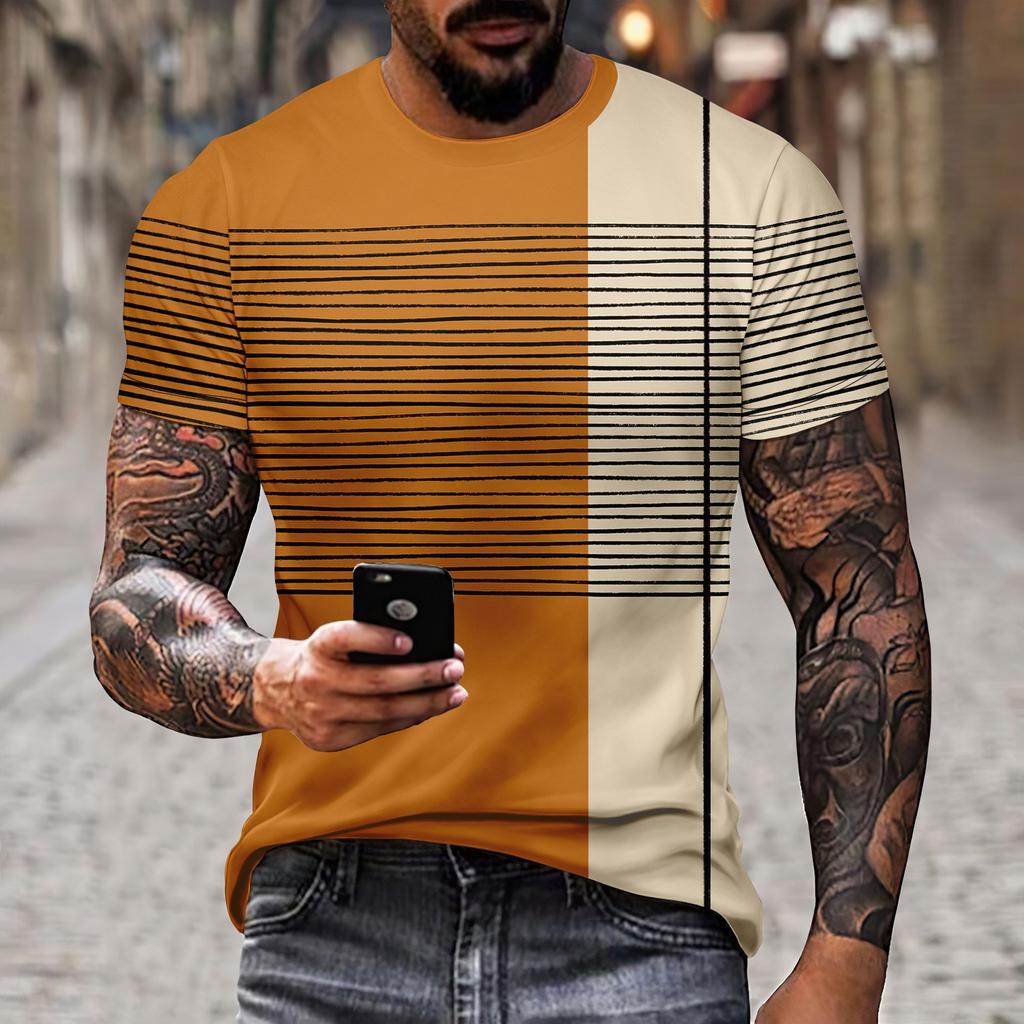 New Men's T-shirt Casual Short Sleeved Simple 3D Line Splicing Polyester Summer Round Neck Pullover Personalized Sports Top