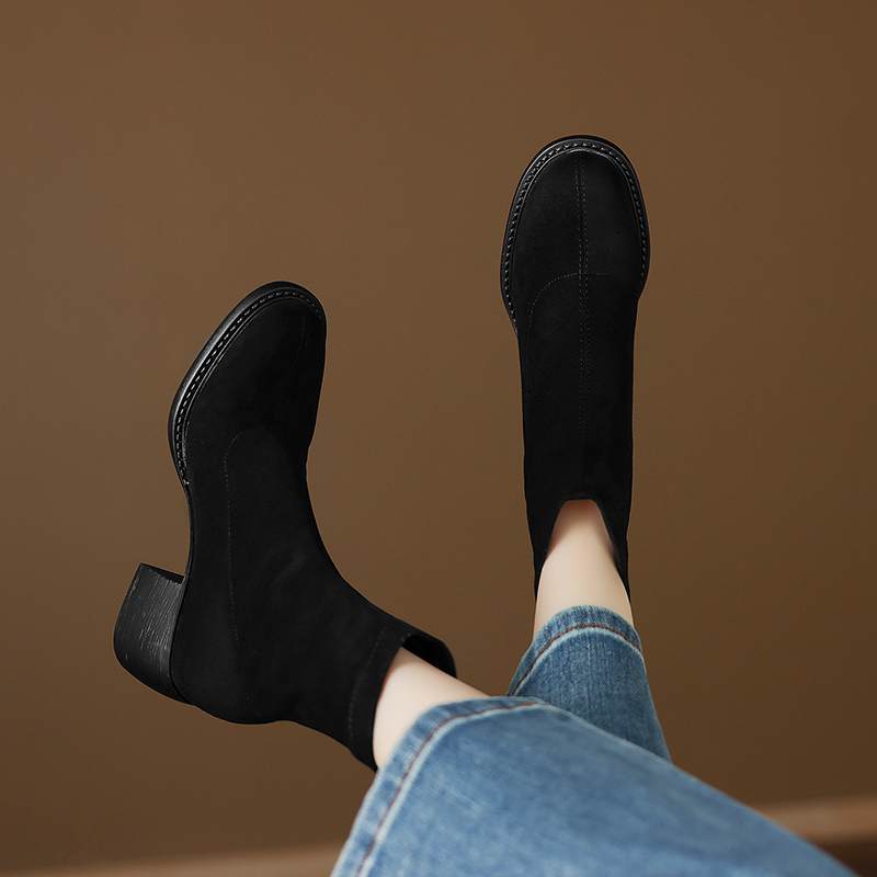 Krazing Po Flock Winter Round Toe Size 33 Western Boots Size 43 Thick High Heels Concise Style Ankle Boots