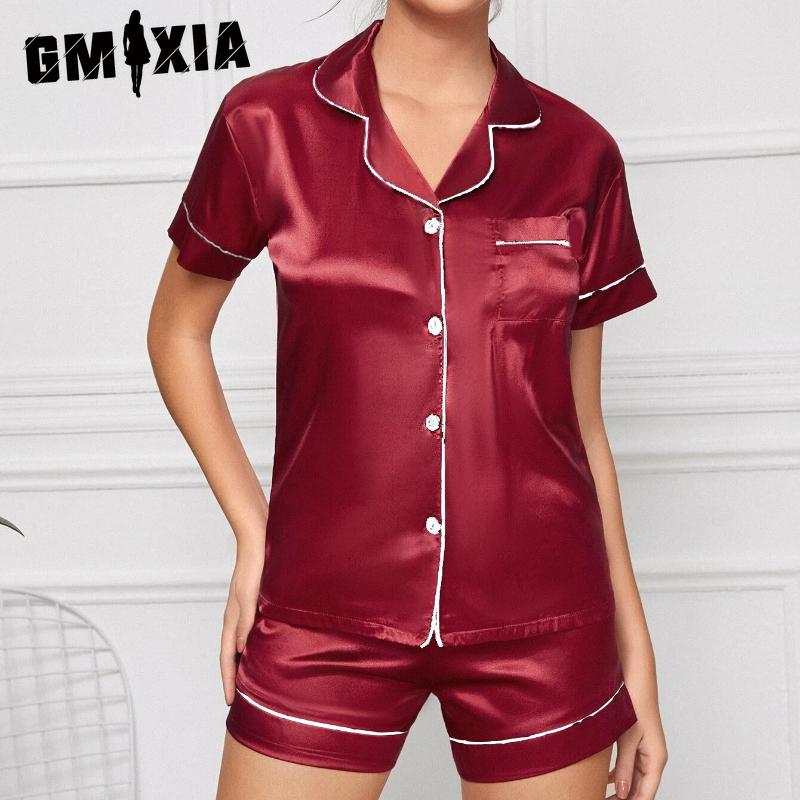 

GMXIA Women s Stretch Satin Shorts Short Sleeve Solid Summer Pajamas Loungewear S красный