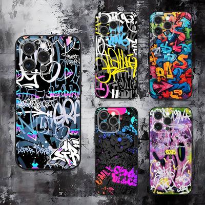 Coole Bunte Graffiti Handyhülle Für iPhone 16,15,14,13,12,11,Pro,Max,Plus,X,XS,SE,E,Mini,Weiche Silikon Schwarze Hülle