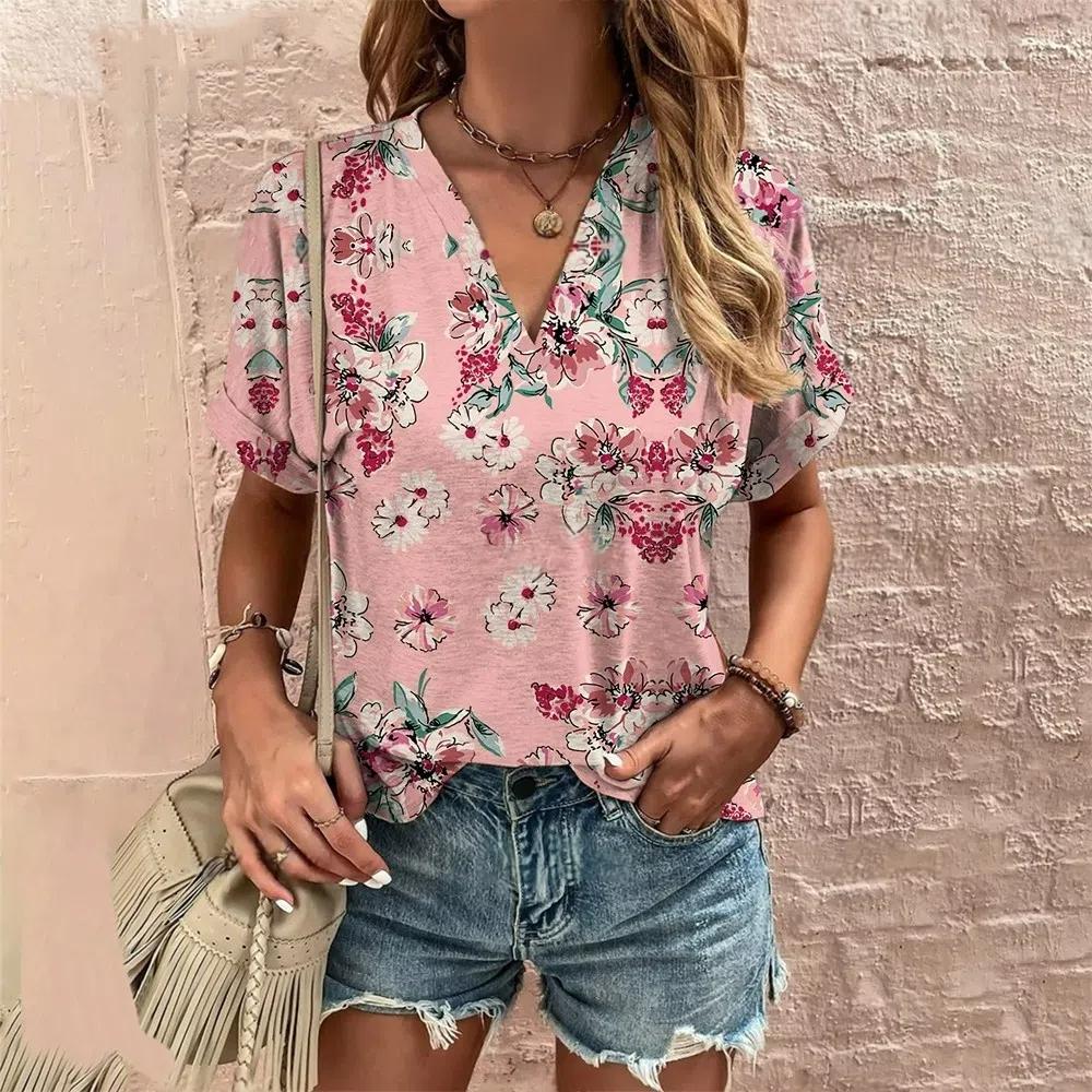 S-8XL Plus Size Crushed Flower Casual T Shirts Streetwear Casual Women's Short Sleeve Tops Tees V Neck T-shirt Fashion Clothing