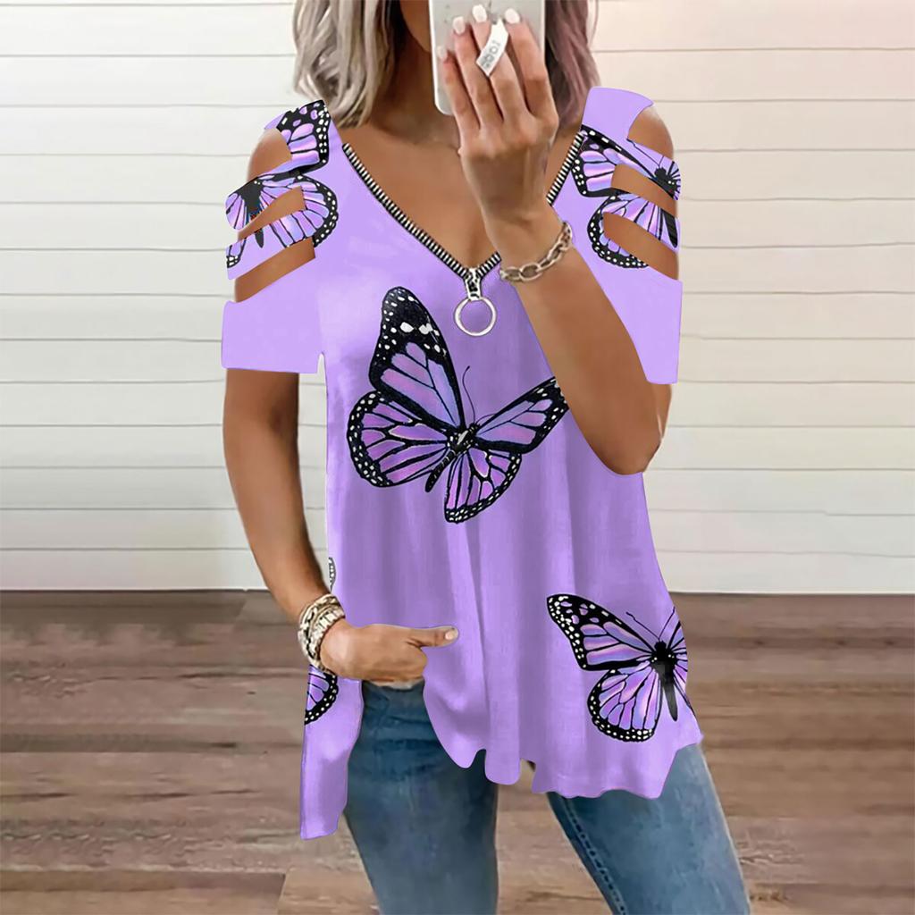 Women's Fashion Casual V-Neck Zipper Printed Off-Shoulder Short-Sleeved T-Shirt Top