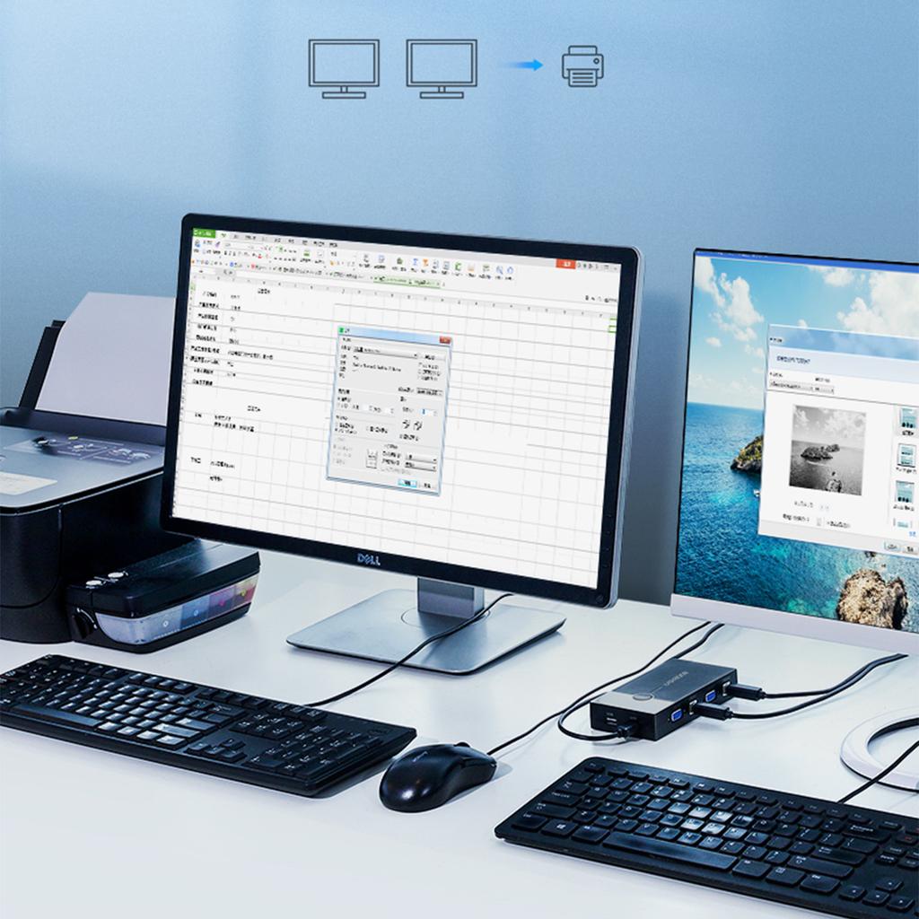 Ugreen Dual Monitor KVM Switch - Seamless Control for Two Computers - Black