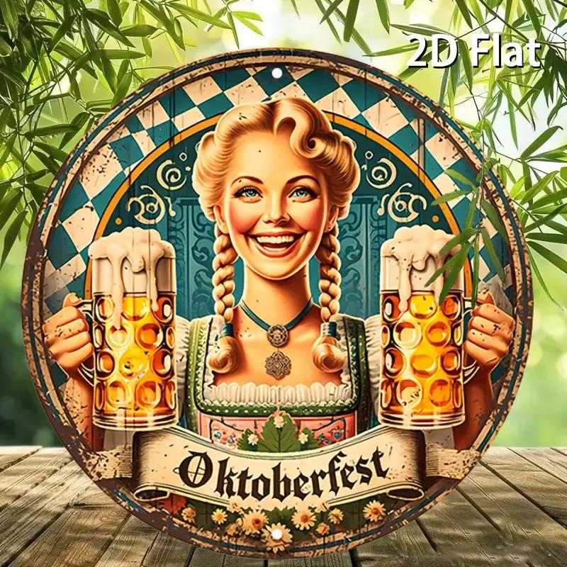Hisun Tin Sign Vintage Oktoberfest Beer Girl Retro Metal Tin Painting Rustic Distressed Bavarian Festival Round Wall Art Decor Classic German