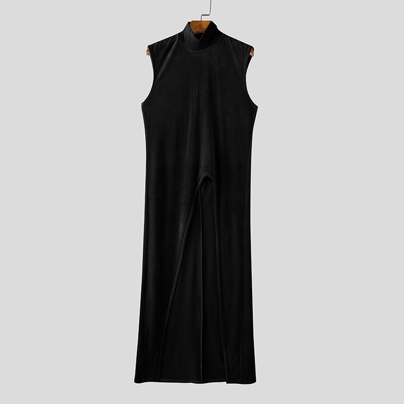 INCERUN Men Turtleneck Sleeveless Ribbed Splits Tops High Low  Long Tunic T-shirts