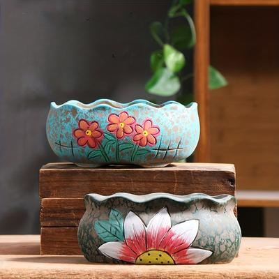 Ensemble de Pots à Succulentes en Céramique Peints à la Main Vintage Grand Pot à Fleurs Ovale pour Jardinage Intérieur Extérieur & Amoureux du Jardin