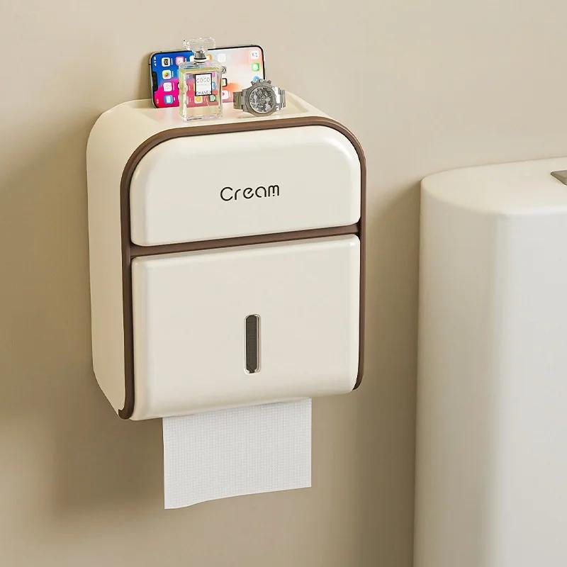 Wall-Mounted Waterproof Toilet Paper Holder & Tissue Dispenser No Drill Needed Tissue Box Space-Saving Bathroom Storage for Roll