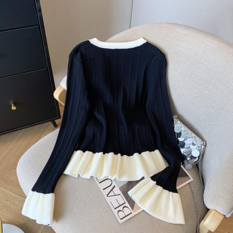 Modischer Patchwork Colorblock Strickpullover mit Trompetenärmeln für Damen