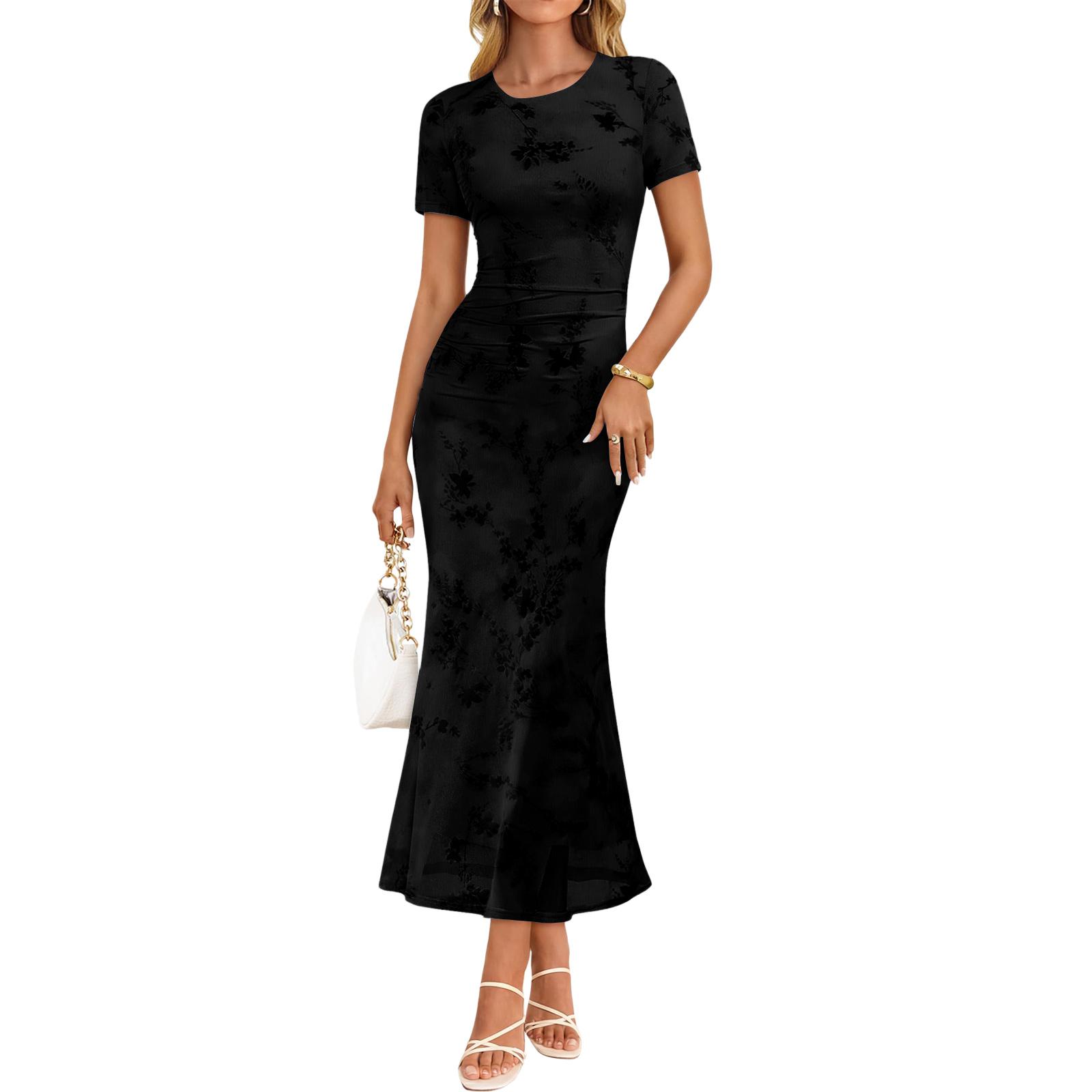 Women s Elegant, Figure-Flattering Floral Short-Sleeve Tulle Dress L чёрный