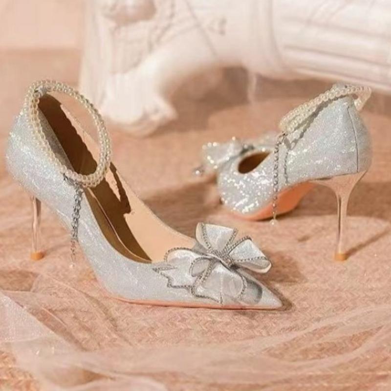 Silver High-Heeled Shoes Fairy Women's -Old Adult Gift Crystal Wedding Shoes Bride Shoes New Style French Thin Heel Singl