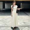 Mm [core-spun Yarn] Niche French Retro Hepburn Style Summer Women's Waist and Thin Short-sleeved V-neck Dress