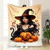 Halloween Witch with Black Cat and PumpkinsBlanket Flannel Throw Blanket for Sofa, Bed, Travel, Camping, Office, Couch, Chair