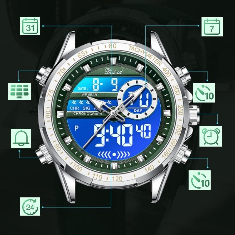 Los últimos relojes deportivos de moda, manecillas multifuncionales, resistente al agua, correa de cuero luminosa, doble pantalla, relojes de negocios de lujo para hombres