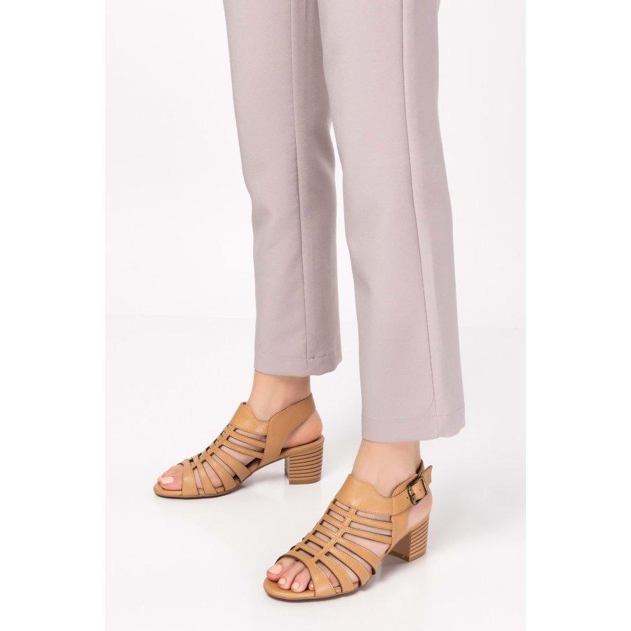Sandales modèle cage à talons mi-hauts en cuir véritable pour femmes