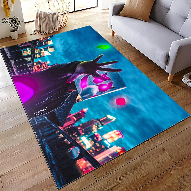 Colorful Neon Masked Figure with Cityscape Backdrop - Non-slip rug suitable for living room and bedroom sofas