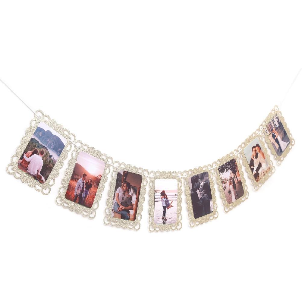 Golden Photo Banner for 4x6 Inch Pictures – 8 Pcs Hanging Photo Frame Banner for Bridal Shower, Engagement, Birthday, Wedding Decorations, Gold