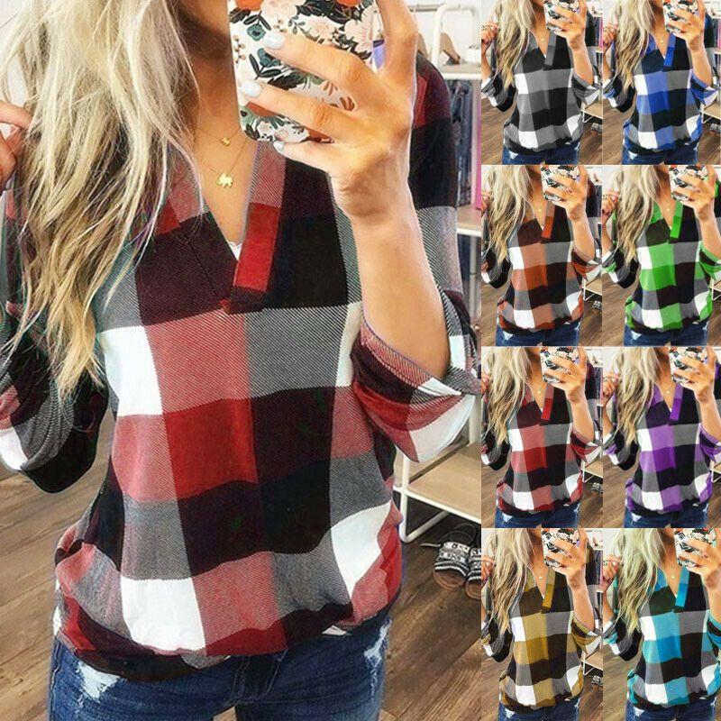 Stylish S-5xl Women's Long Sleeve Plaid T-shirt Blouse With V-neck Design