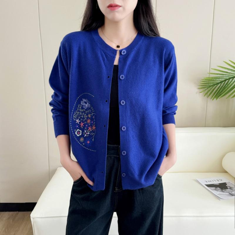 Lila floral bestickter Rundhals-Strickcardigan mit langen Ärmeln für Damen