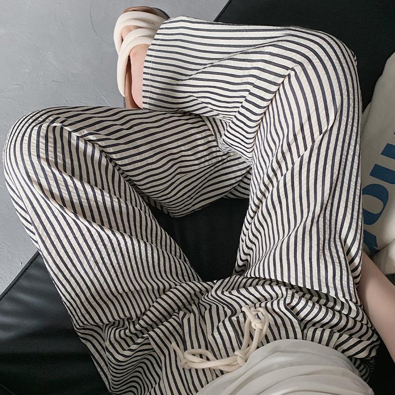Striped Wide-leg Pants for Women, Summer Korean Style New Casual Pants, Casual and Slimming, Elastic Waist, Loose and Draping, Floor-length